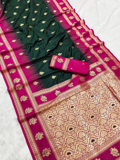 Snazzy Dark Green Soft Banarasi Silk Saree With Diaphanous Blouse Piece