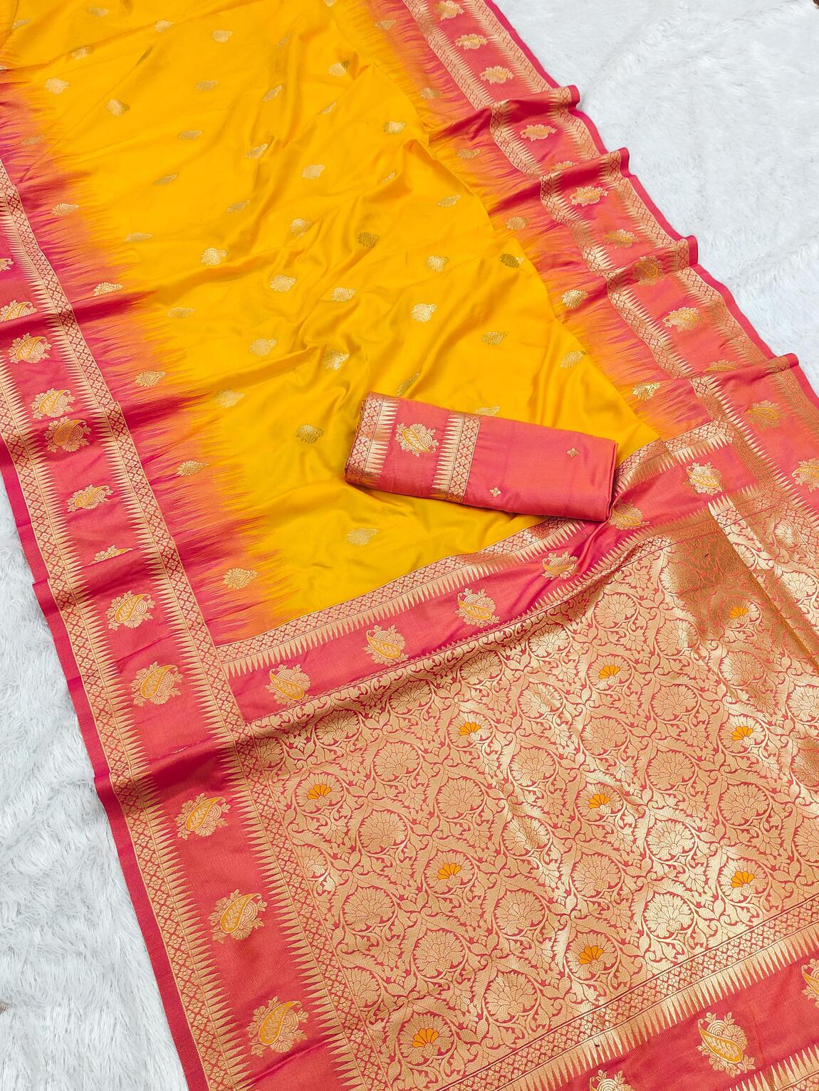 Lissome Yellow Soft Banarasi Silk Saree With Demure Blouse Piece