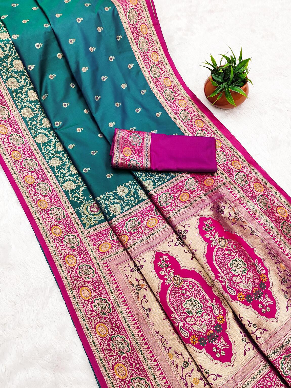 Nemesis Rama Soft Banarasi Silk Saree With Vibrant Blouse Piece