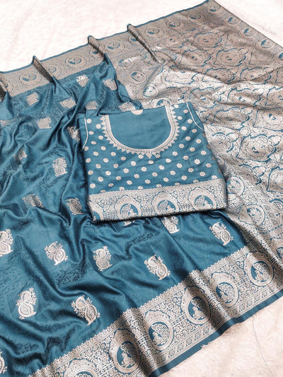 Super Extravagant Firozi Soft Banarasi Silk Saree With Girlish Blouse Piece