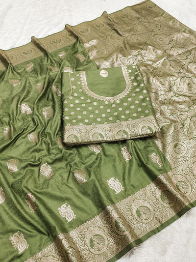 Invaluable Pista Soft Banarasi Silk Saree With Beguiling Blouse Piece
