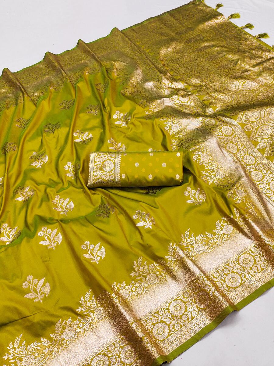 Staring Mehndi Soft Banarasi Silk Saree With Skinny Blouse Piece