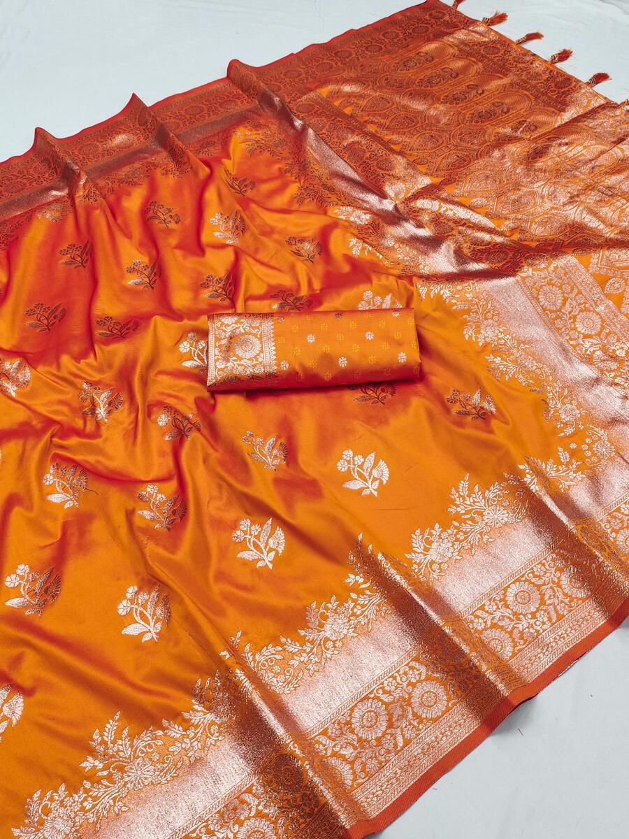 Opulent Orange Soft Banarasi Silk Saree With Girlish Blouse Piece