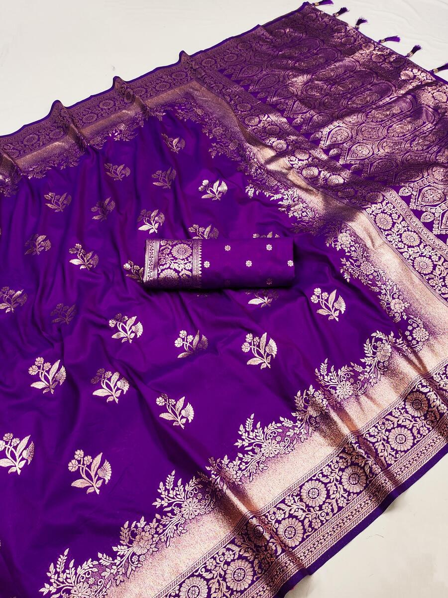 Arresting Royal Purple Soft Banarasi Silk Saree With Ailurophile Blouse Piece