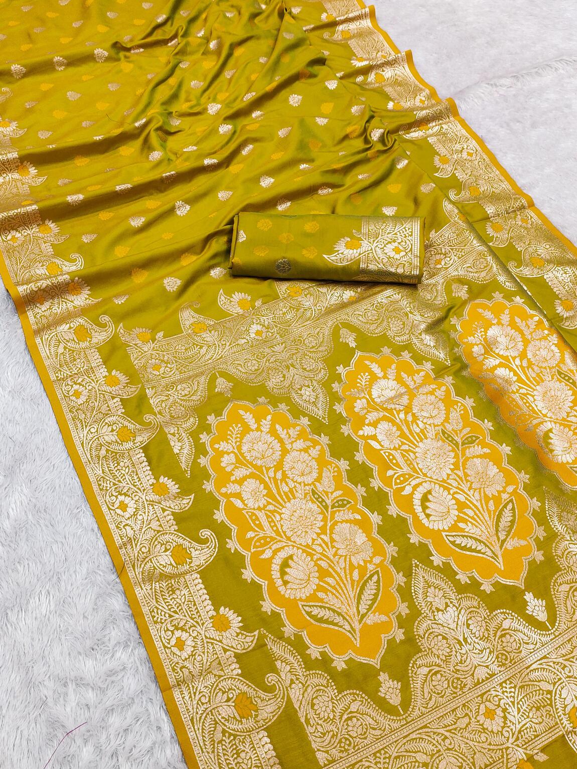 Whimsical Mustard Soft Banarasi Silk Saree With Precious Blouse Piece