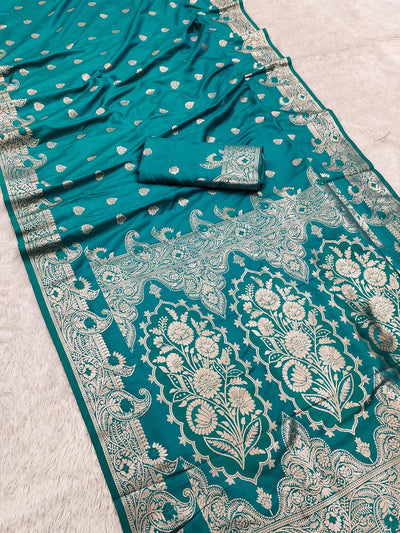 Ailurophile Sea Green Soft Banarasi Silk Saree With Gossamer Blouse Piece