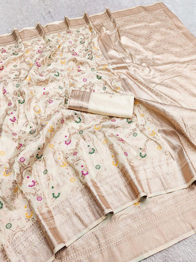 Charismatic Beige Soft Banarasi Silk Saree With Fairytale Blouse Piece
