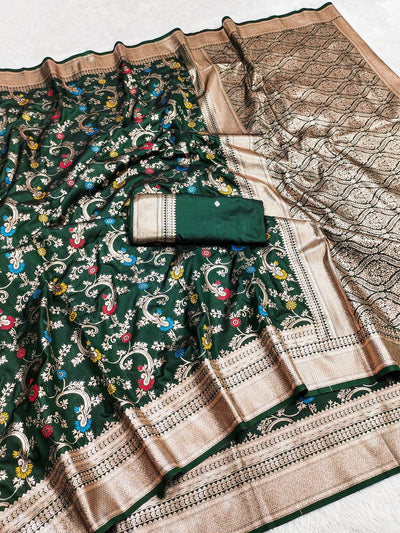 Prodigal Dark Green Soft Banarasi Silk Saree With Ornate Blouse Piece