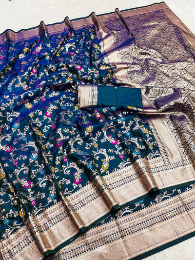 Scintilla Navy Blue Soft Banarasi Silk Saree With Luminous Blouse Piece