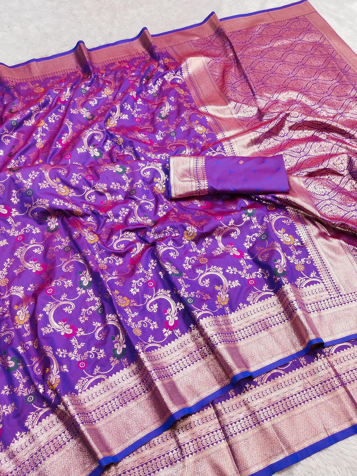 Chatoyant Purple Soft Banarasi Silk Saree With Assemblage Blouse Piece