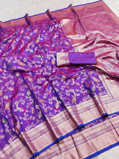 Chatoyant Purple Soft Banarasi Silk Saree With Assemblage Blouse Piece