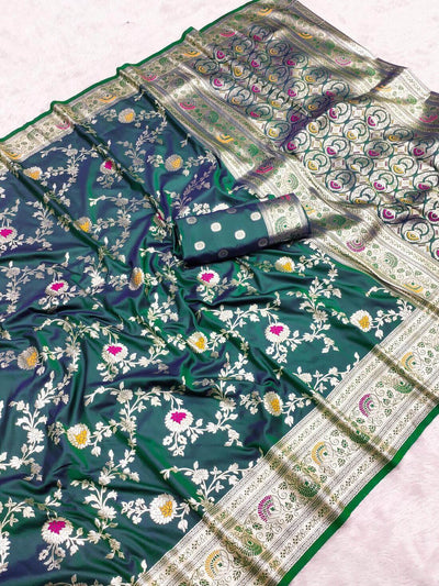 Innovative Rama Soft Banarasi Silk Saree With Panache Blouse Piece