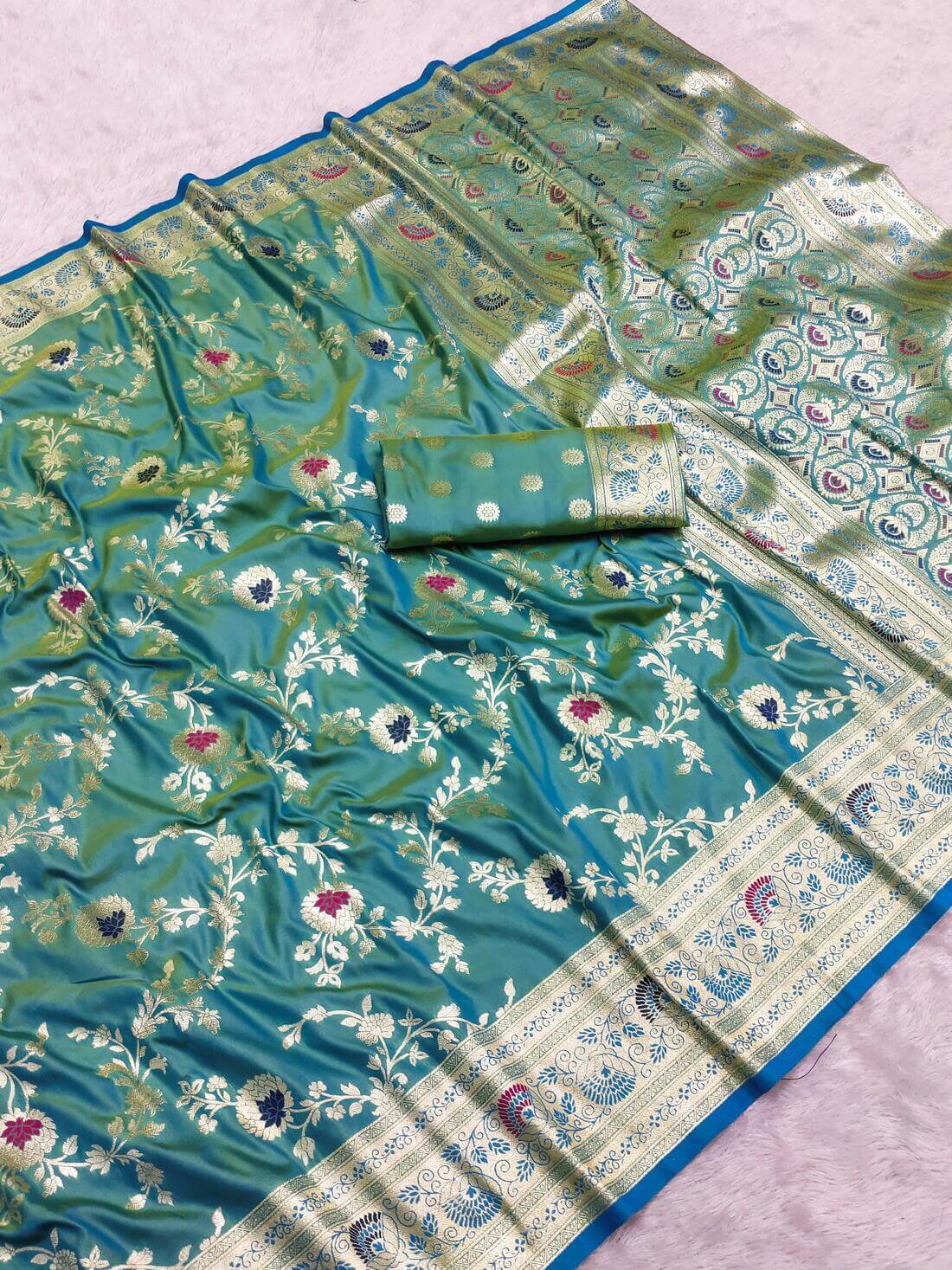 Panoply Sea Green Soft Banarasi Silk Saree With Opulent Blouse Piece