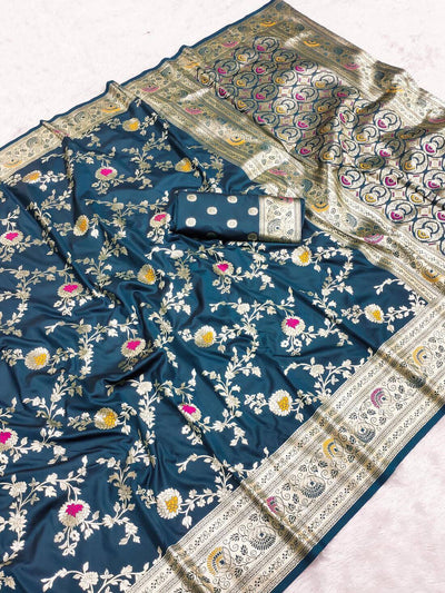 Magnetic Teal Blue Soft Banarasi Silk Saree With Phenomenal Blouse Piece