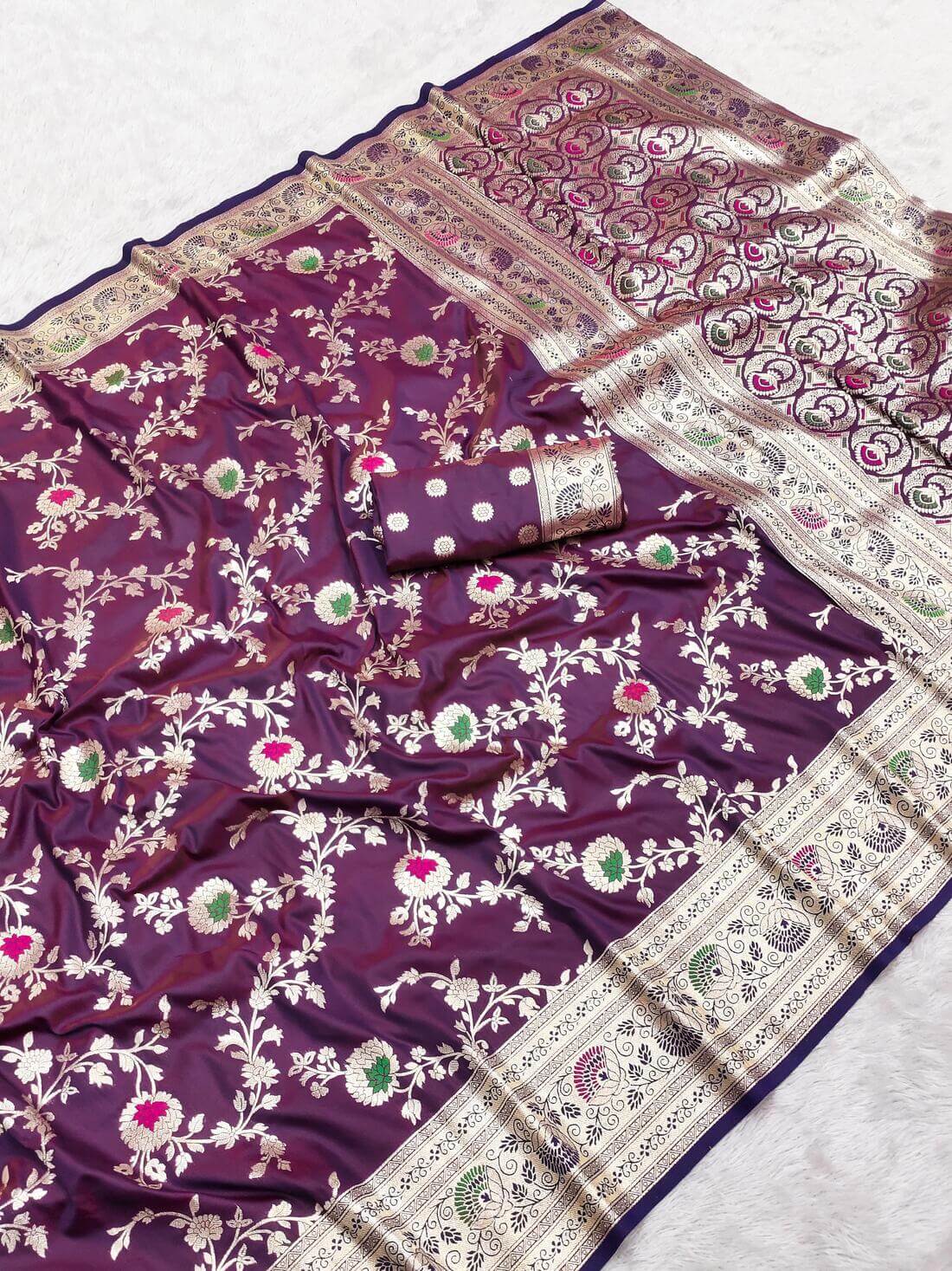 Prettiest Wine Soft Banarasi Silk Saree With Rhapsody Blouse Piece