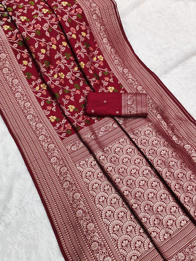 Stunning Maroon Soft Banarasi Silk Saree With Woebegone Blouse Piece