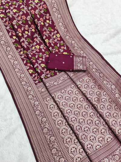 Demesne Wine Soft Banarasi Silk Saree With Stylish Blouse Piece
