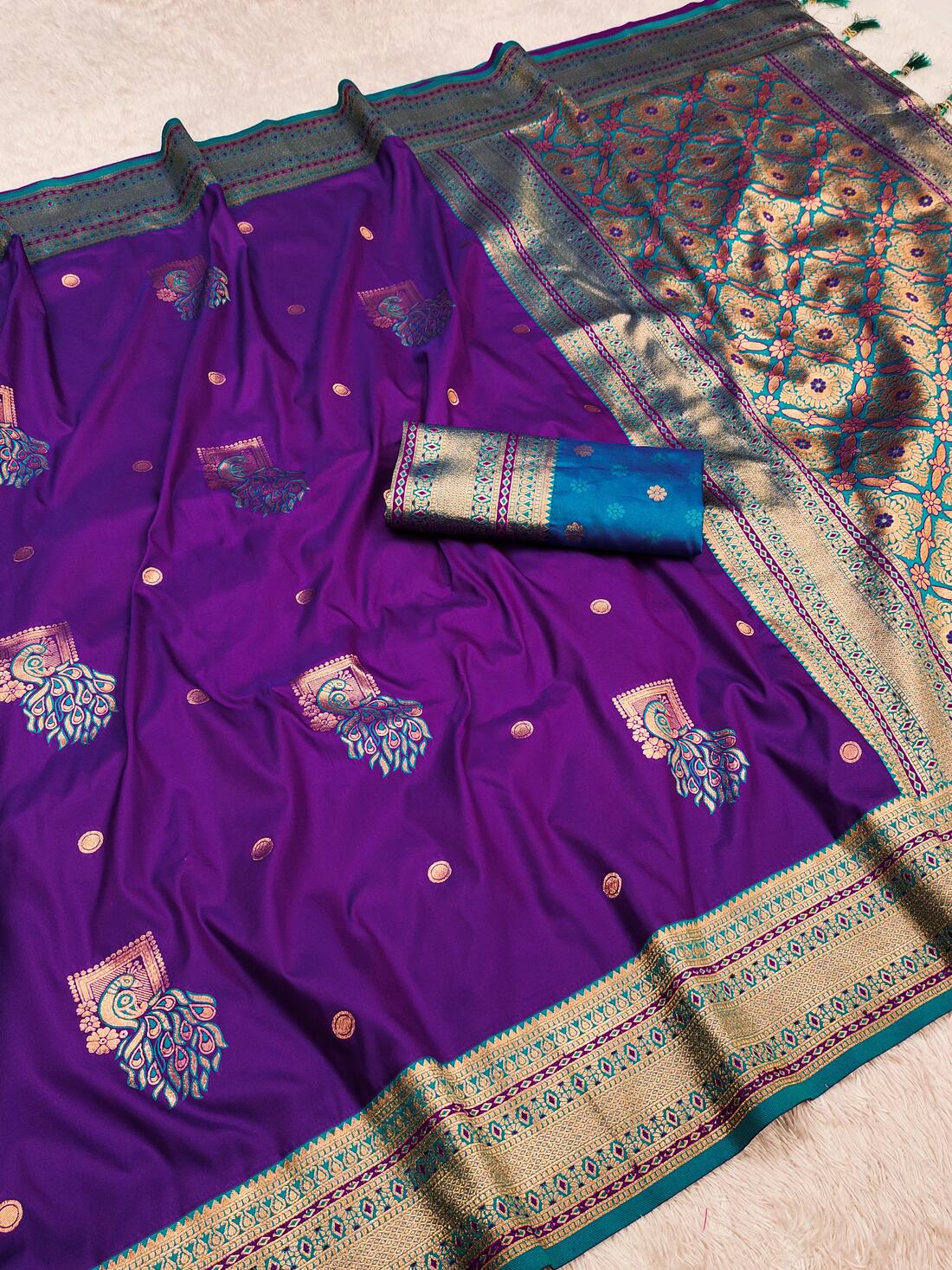 Lagniappe Purple Paithani Silk Saree With Assemblage Blouse Piece