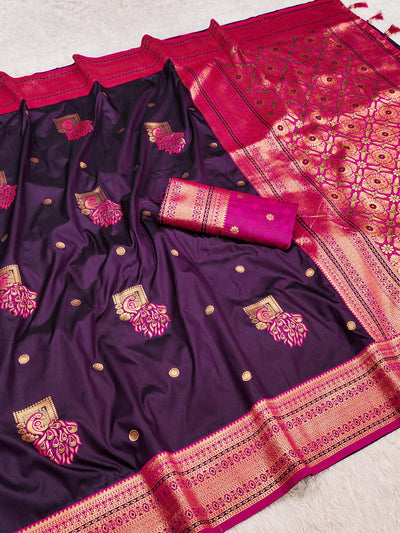 Serendipity Wine Paithani Silk Saree With Snappy Blouse Piece