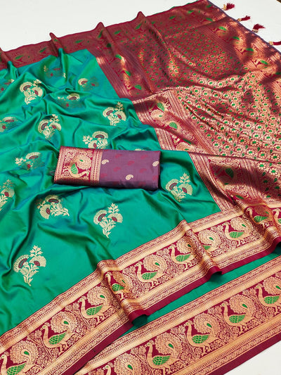Enthralling Sea Green Paithani Silk Saree With Refreshing Blouse Piece