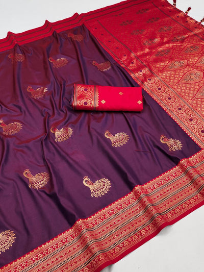 Dulcet Wine Paithani Silk Saree With Skinny Blouse Piece