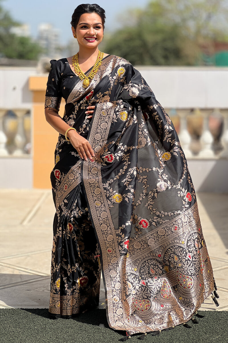Flaunt Black Soft Banarasi Silk Saree With Outstanding Blouse Piece