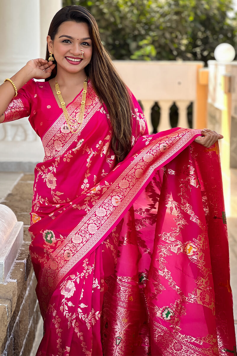 Adorable Dark Pink Soft Banarasi Silk Saree With Blissful Blouse Piece