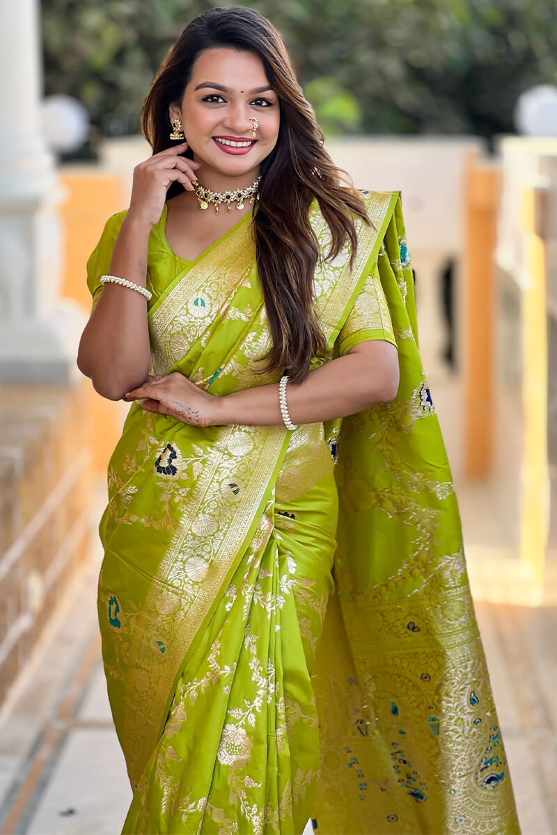 Chatoyant Parrot Soft Banarasi Silk Saree With Fragrant Blouse Piece
