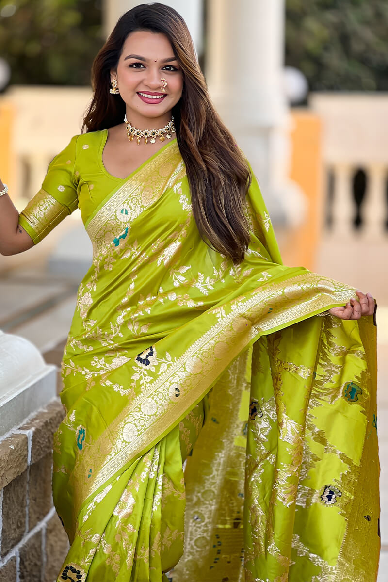 Chatoyant Parrot Soft Banarasi Silk Saree With Fragrant Blouse Piece