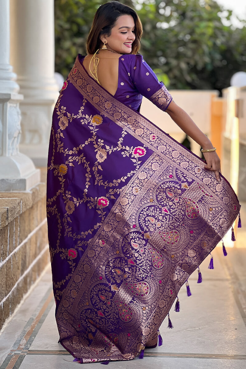 Demesne Purple Soft Banarasi Silk Saree With Palimpsest Blouse Piece