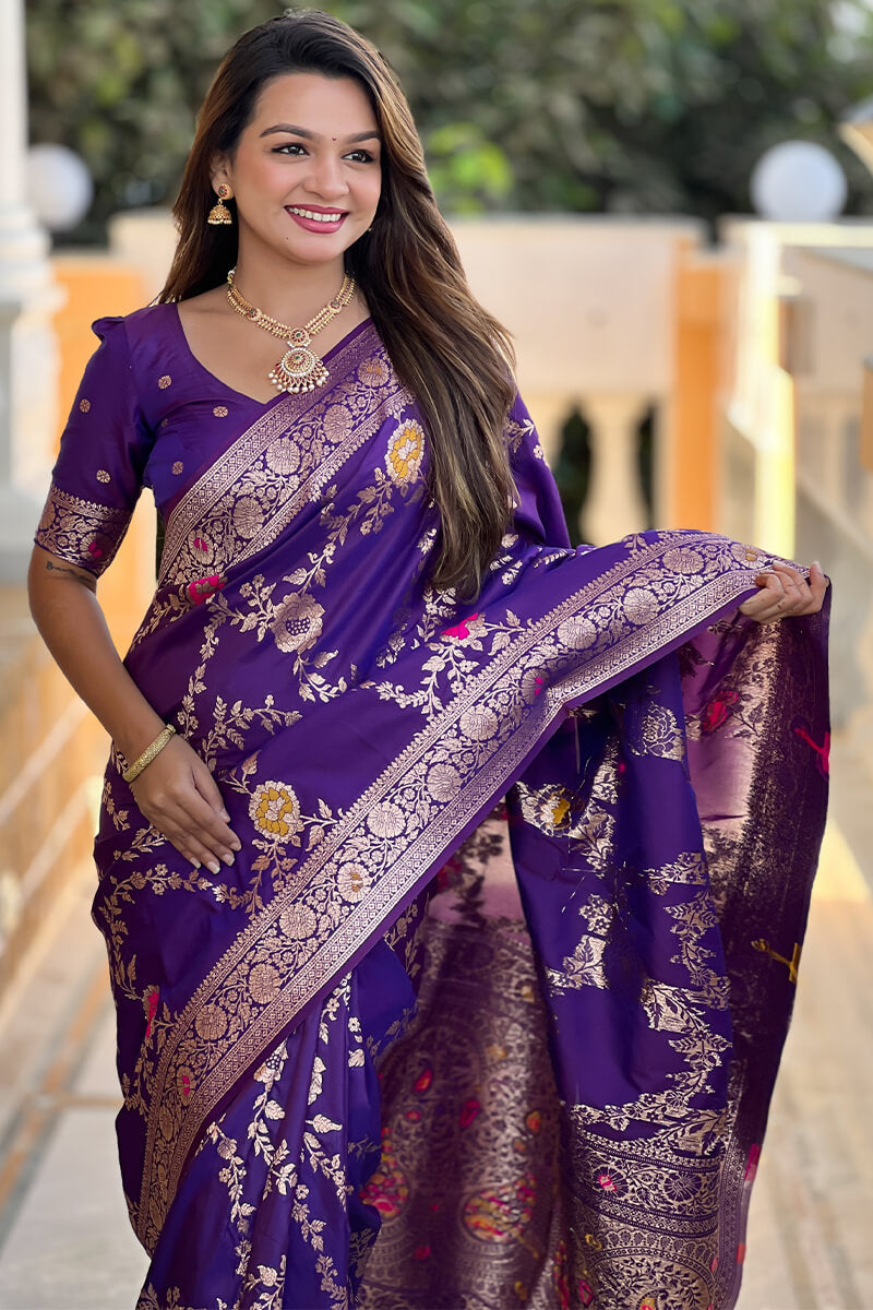Demesne Purple Soft Banarasi Silk Saree With Palimpsest Blouse Piece