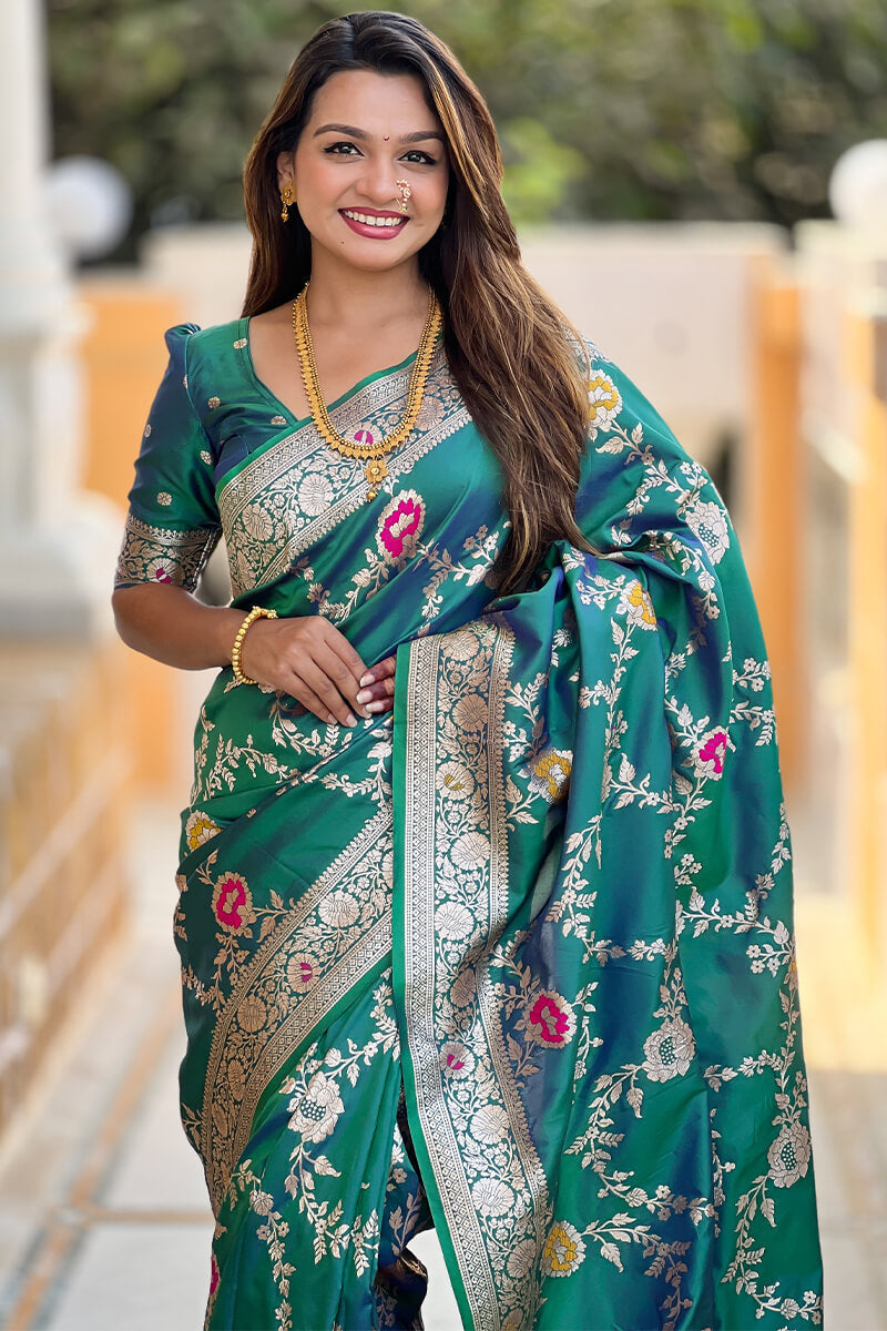 Denouement Rama Soft Banarasi Silk Saree With Fragrant Blouse Piece