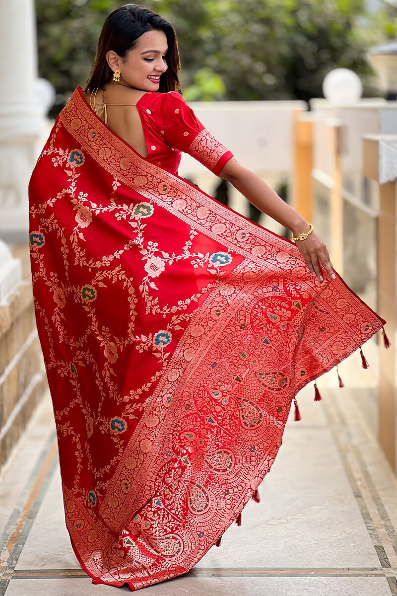 Incredible Red Soft Banarasi Silk Saree With Alluring Blouse Piece