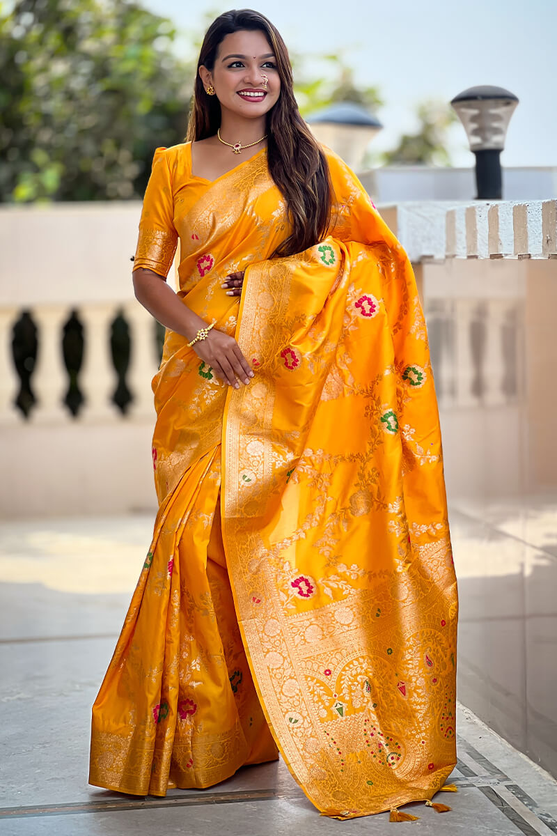 Nectarous Yellow Soft Banarasi Silk Saree With Seraphic Blouse Piece