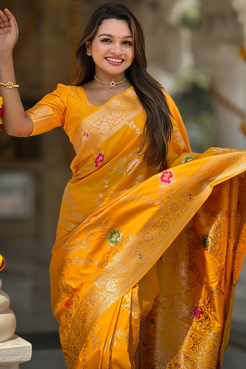 Nectarous Yellow Soft Banarasi Silk Saree With Seraphic Blouse Piece