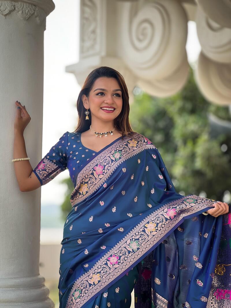 Desuetude Blue Soft Banarasi Silk Saree With Evocative Blouse Piece