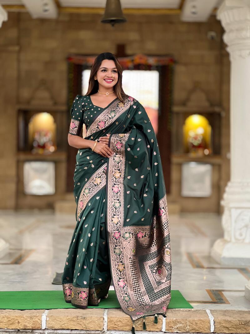 Gossamer Dark Green Soft Banarasi Silk Saree With Lagniappe Blouse Piece