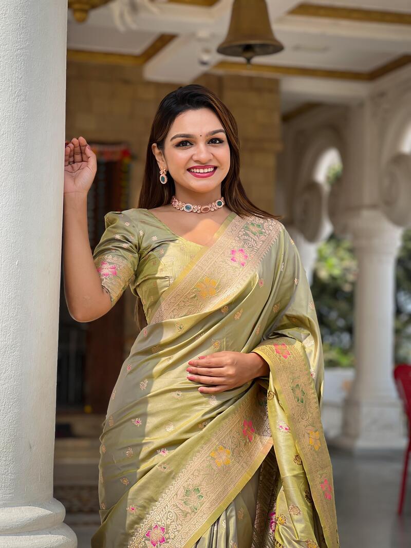 Imaginative Mehndi Soft Banarasi Silk Saree With Glittering Blouse Piece