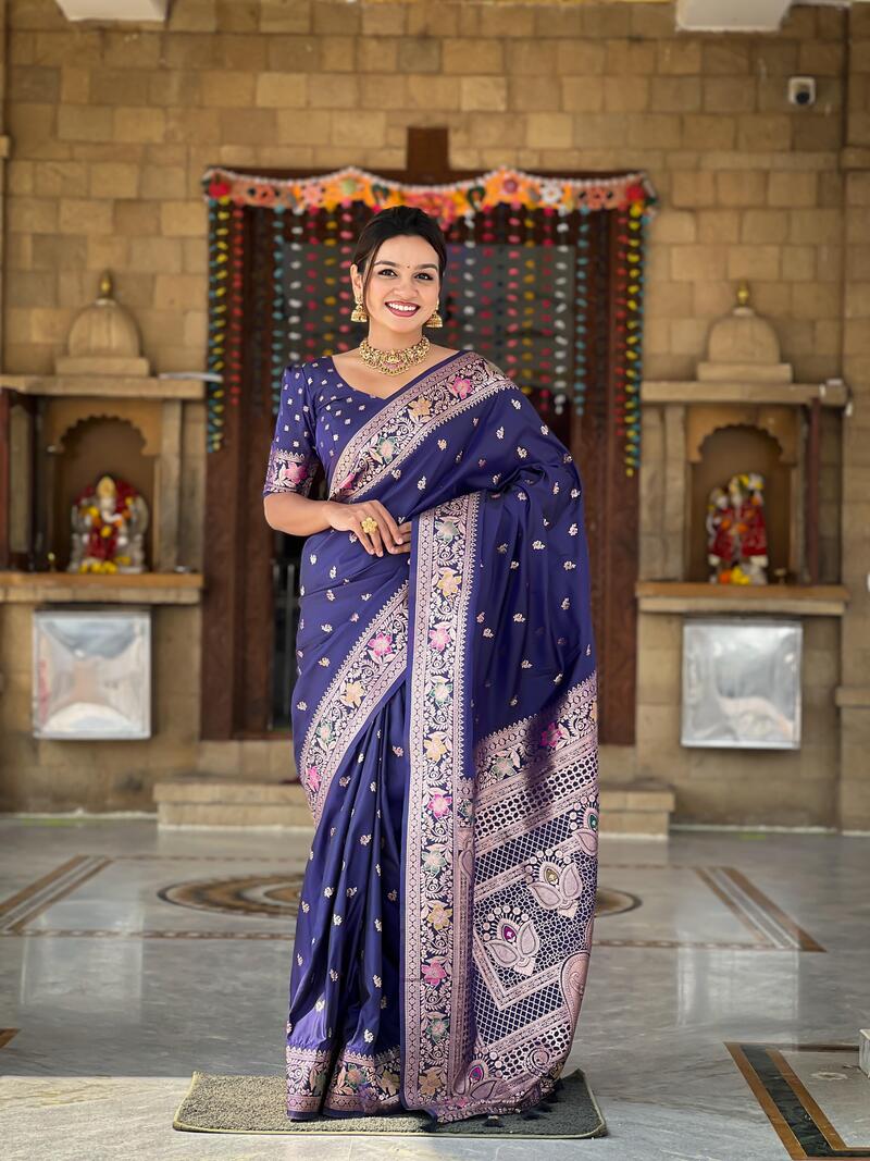 Panache Navy Blue Soft Banarasi Silk Saree With Rhapsodic Blouse Piece