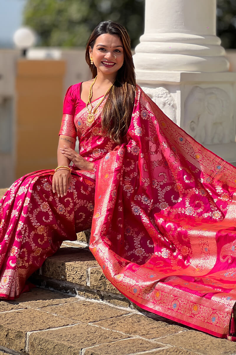 Capricious Dark Pink Soft Banarasi Silk Saree With Unique Blouse Piece