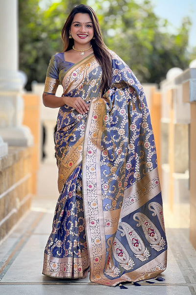 Staring Grey Soft Banarasi Silk Saree With Blooming Blouse Piece