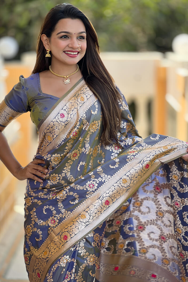 Staring Grey Soft Banarasi Silk Saree With Blooming Blouse Piece
