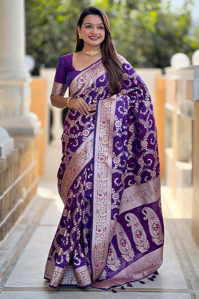 Evocative Royal Purple Soft Banarasi Silk Saree With Moiety Blouse Piece