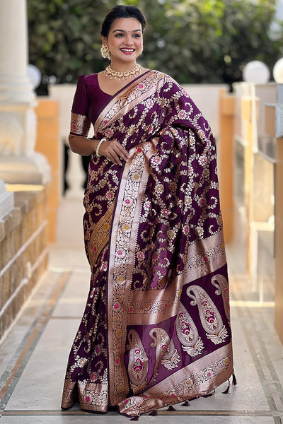 Surreptitious Wine Soft Banarasi Silk Saree With Engaging Blouse Piece