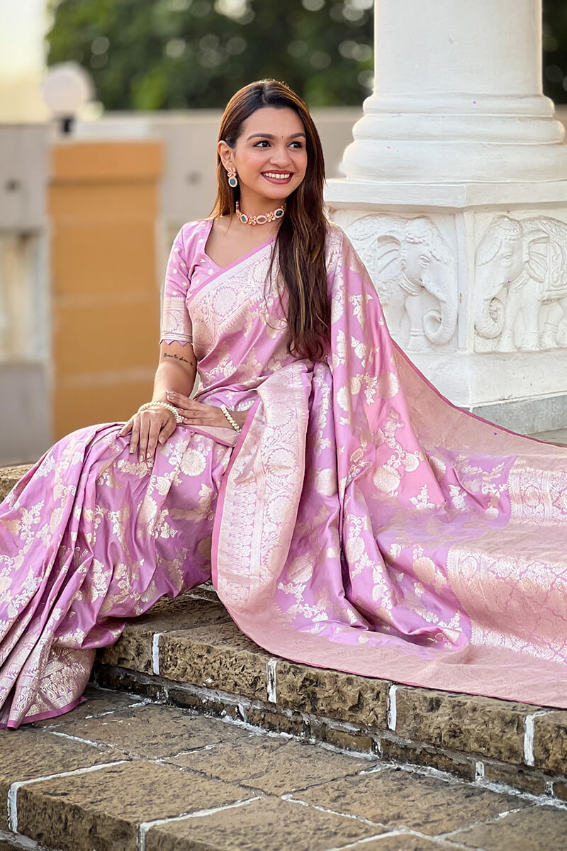 Wonderful Baby Pink Soft Banarasi Silk Saree With Attractive Blouse Piece