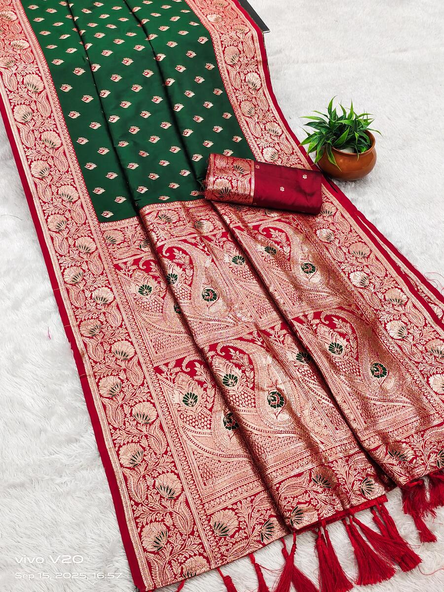 Opulent Dark Green Soft Banarasi Silk Saree With Assemblage Blouse Piece