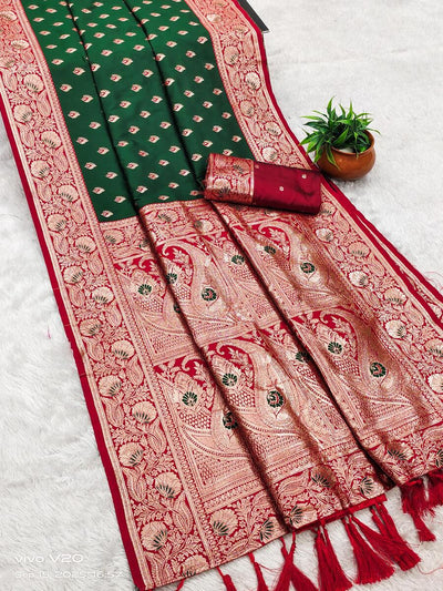 Opulent Dark Green Soft Banarasi Silk Saree With Assemblage Blouse Piece