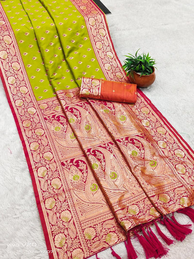 Designer Parrot Soft Banarasi Silk Saree With Radiant Blouse Piece