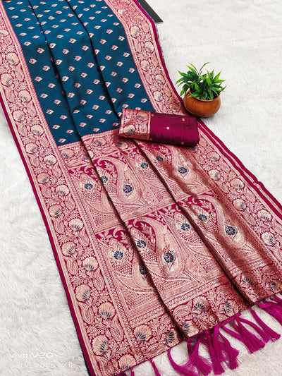 Scrumptious Rama Soft Banarasi Silk Saree With Glamorous Blouse Piece