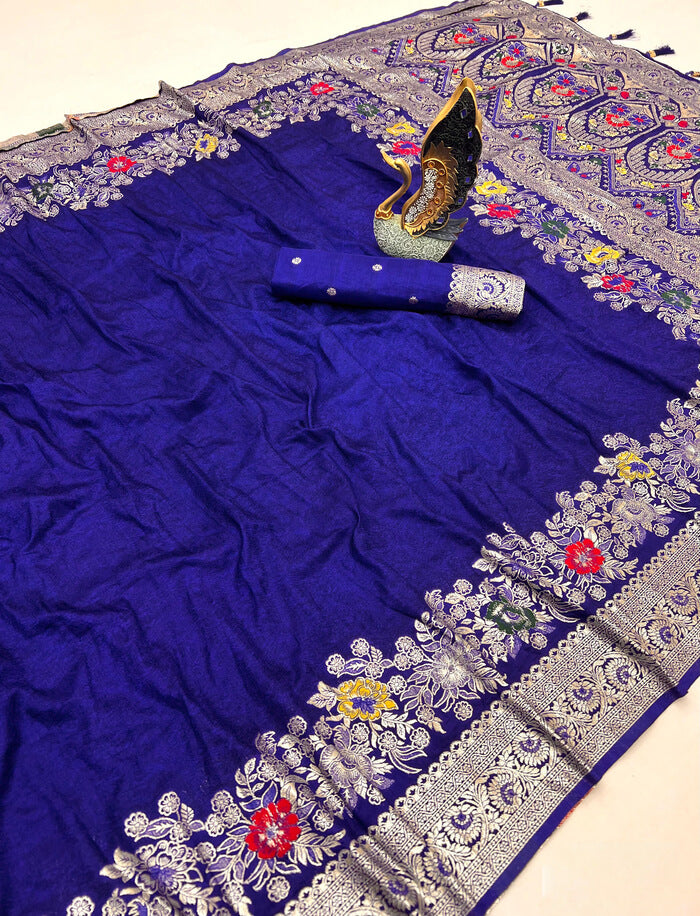 Charismatic Royal Blue Soft Banarasi Silk Saree With Chatoyant Blouse Piece